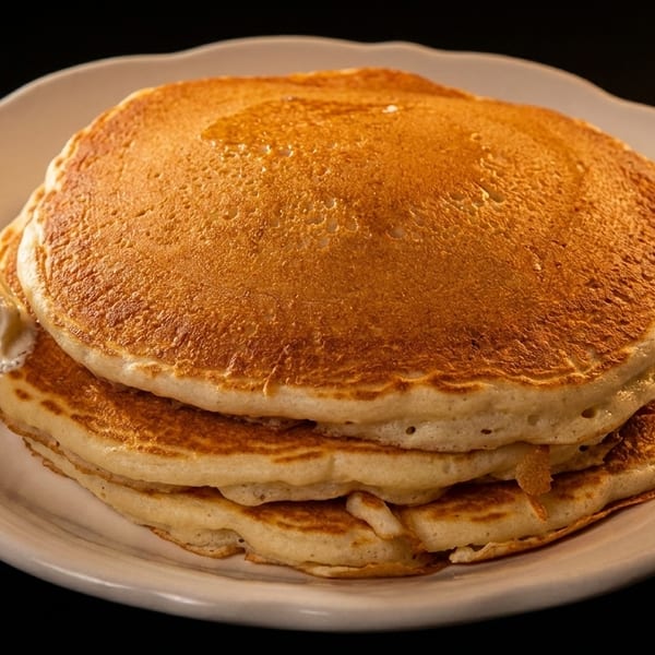 Stack of golden pancakes with syrup and a scoop of butter on a white plate.