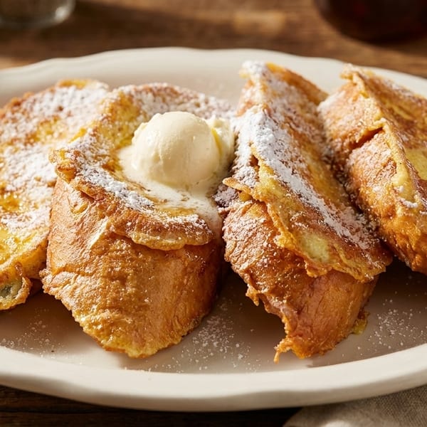 Golden French toast slices, dusted with powdered sugar and topped with a scoop of butter.