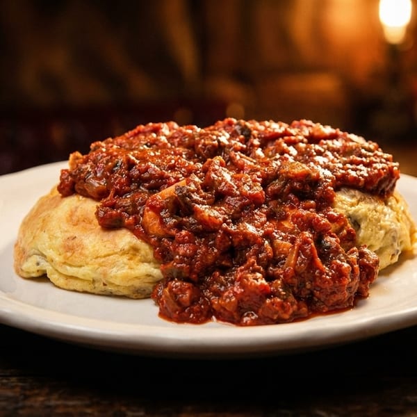 A white plate holds a golden omelet topped with a rich, chunky red sauce on a wooden table.